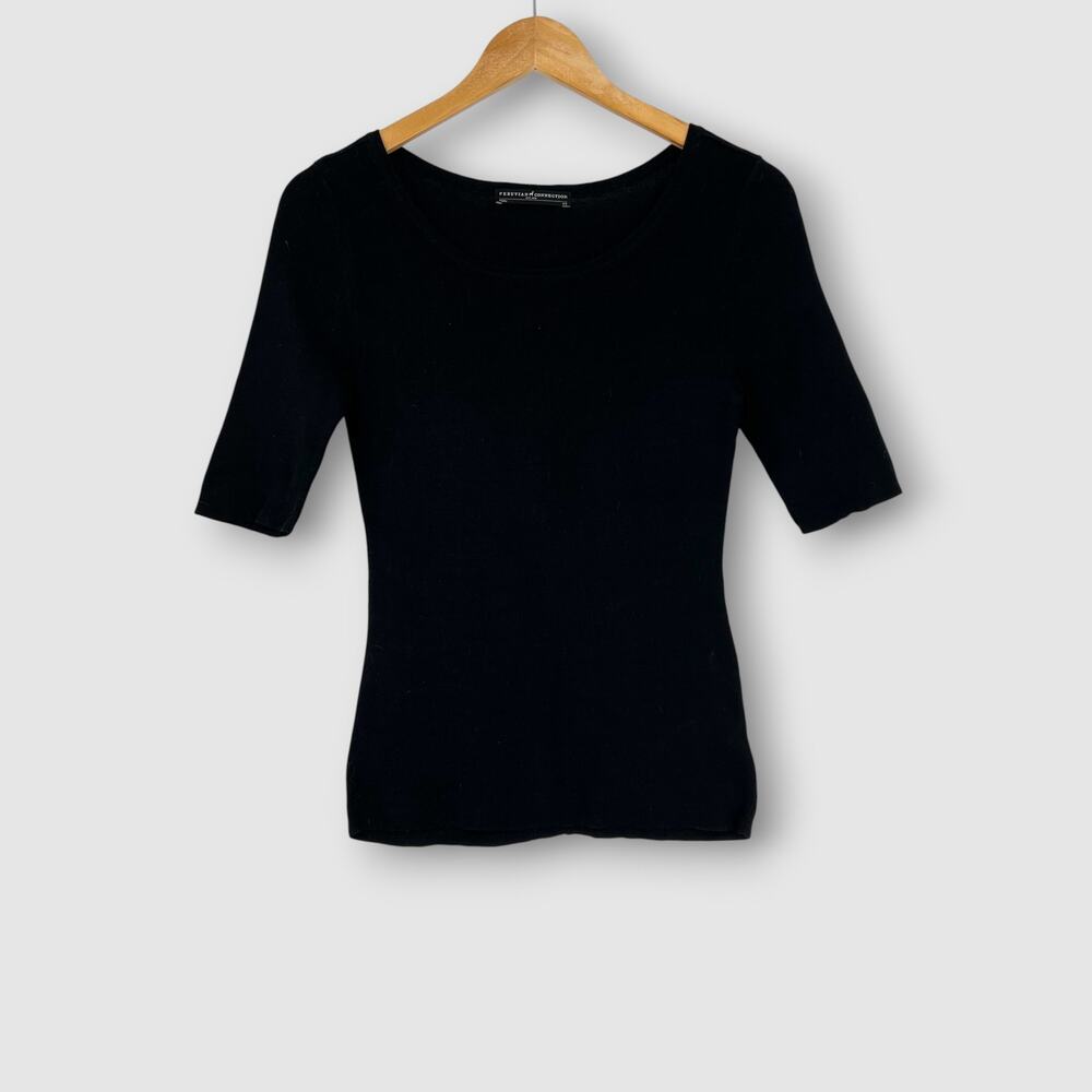 Peruvian Connection Black Pima Cotton Knit Top coop Neck 3/4 Sleeve Size XS